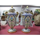 A Pair of Noritake Twin Handled Vase and Covers, of square section on circular base, decorated