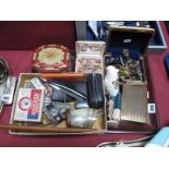 Ronson Lighters, Sheffield cut throat razor, knives, costume jewellery, watches, tray, small