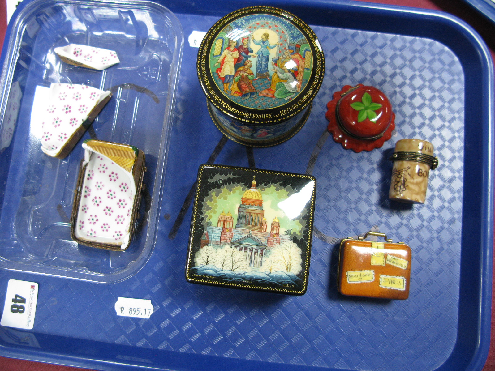 Two Russian Painted Lacquer Boxes, and four Limoges porcelain trinket pots (one damaged). (6)