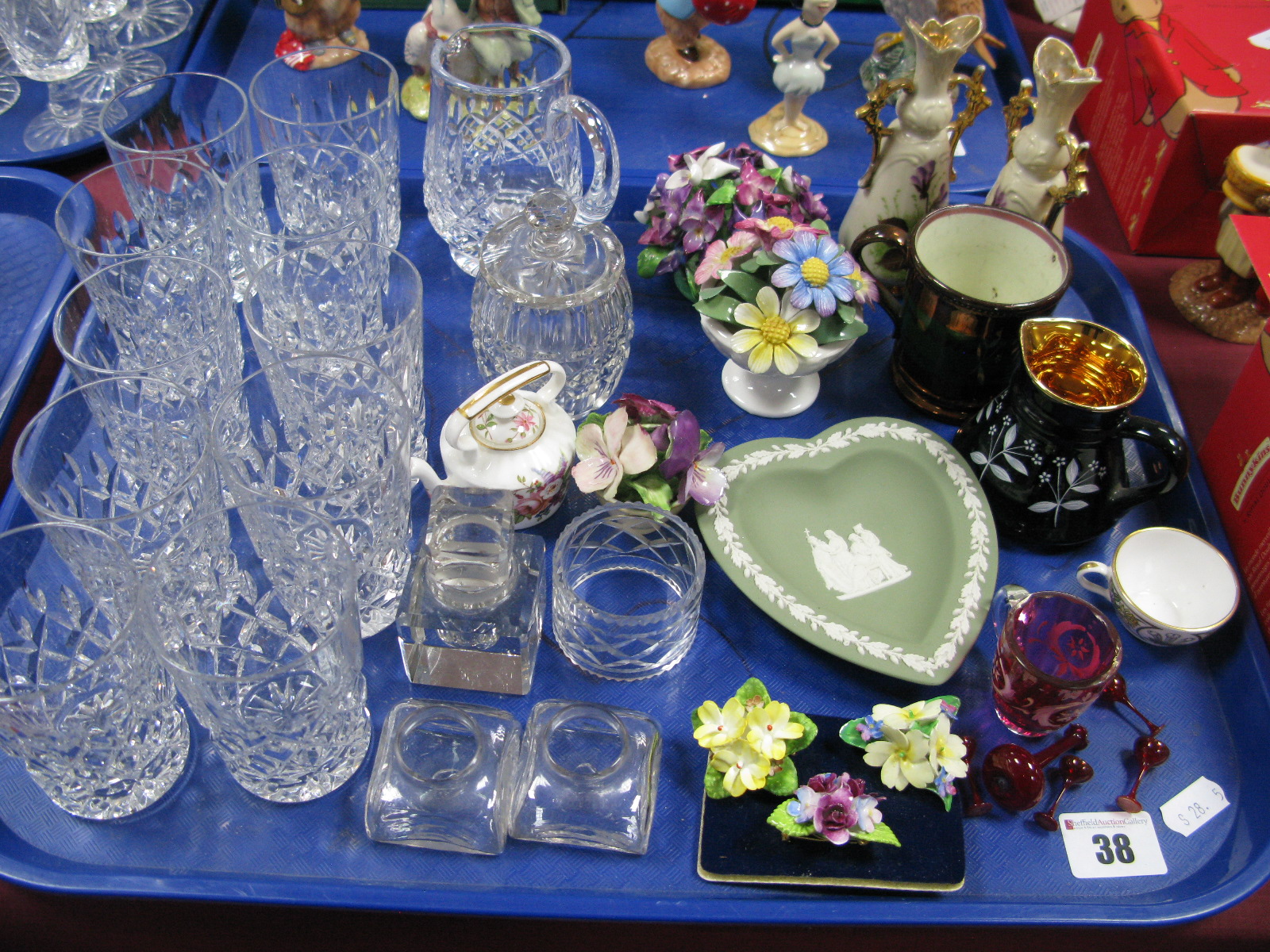 Miniature Ruby Glass Vase and Goblets, Stuart jug, drinking glasses, Hammersley mini tea pot,