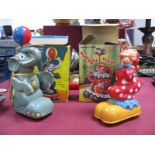 To 1960's Plastic Friction Toys, both circus based, an acrobatic clown and an elephant baller,