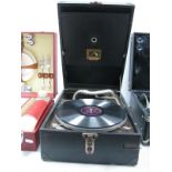 HMV Portable Gramophone, with No. 4 arm and winder, black leatherette covering.