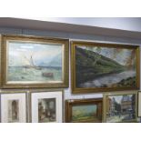 G Teather, Swans on a River, oil on canvas signed bottom right, together with After T.B. Hardy print