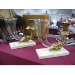 A Pair of Gilt Metal Candlesticks, each with attached glass cornucopia horn on plinth base, 20cm