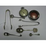 Smiths Empire Openface Pocketwatch, pocketwatch protective case, condiment spoons, sugar tongs.