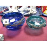 A Greenhalgh Mottled Blue Glass Bowl, the upper body with trail design on fused metallic band,