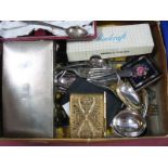 Cutlery, engine turned cigarette box, a hallmarked silver spoon etc.