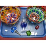 Murano Glass Bowls, inset with multi coloured murrines, a studio glass scent bottle with blue