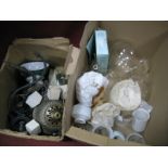 Railway, platform glass shades of varying sizes, enamel shades, fixtures etc:- Two Boxes