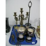 Brass Open Twist Candlesticks, plated three bottle decanter stand of openwork design, trophy cups,