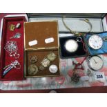 Openface Pocketwatches, ladies fob watch (damages), ladies wristwatch, costume brooches, Girl Guides