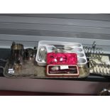 Twin Handled Rectangular Plated Tray, plated mug, cutlery, cased hallmarked silver spoon and fork,