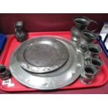 Georgian Period Pewter Dish, 34cm diameter, bearing touchmarks, smaller plates, six pewter