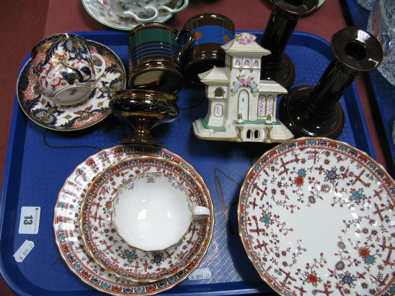 Crown Derby Osborne Trio and Circular Bowl, Crown Derby Imari tea cup and saucer, Lustra beakers,