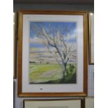 R Thomas Dee, Winter Tree in a Landscape with Cottages, pastel signed lower left 46 x 61cm