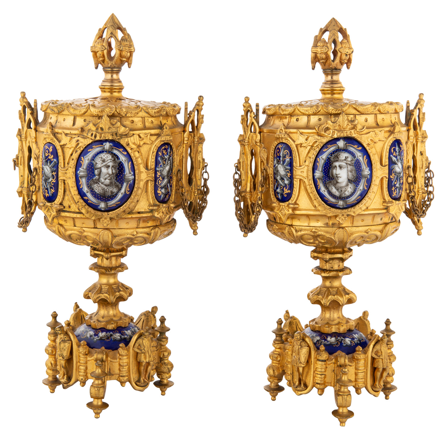 A PAIR OF FRENCH GILT BRONZE AND ENAMEL CENSERS, 19TH CENTURY