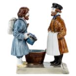 A RUSSIAN PORCELAIN FIGURAL GROUP OF A BEGGAR AND A BAKER, KUZNETSOV PORCELAIN FACTORY, LATE 19TH C