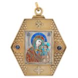 A FABERGE GILT SILVER AND ENAMEL MINIATURE ICON OF THE MOTHER OF GOD, MOSCOW, 1908-1917