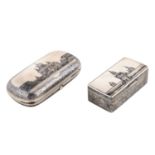 A PAIR OF RUSSIAN SILVER AND NIELLO SNUFF BOXES, KHLEBNIKOV, 1882, THE OTHER OVCHINNIKOV, 1888