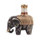 A RUSSIAN FABERGE GOLD AND SILVER ELEPHANT TOPPED BY AN ENAMEL TURRET, WORKMASTER MIKHAIL PERCHIN
