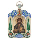 A RUSSIAN MINIATURE ICON OF CHRIST PANTOCRATOR WITH SILVER AND CHAMPLEVE ENAMEL FRAME, OVCHINNIKOV