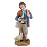 A LARGE RUSSIAN PORCELAIN FIGURE OF A BOY WITH A DOVE, GARDNER PORCELAIN FACTORY, MOSCOW, 1880S