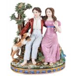 A RUSSIAN PORCELAIN FIGURAL GROUP OF "PAUL, VIRGINIE AND THE DOG FIDELE", POPOV PORCELAIN, GORBUNOVO