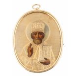 A RUSSIAN TRAVELING ICON OF ST. NICHOLAS THE WONDERWORKER WITH GILT SILVER OKLAD A. TOBINKOV 1870-72