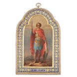 A RUSSIAN MINIATURE ICON OF ST. GEORGE W GILT SILVER AND ENAMEL FRAME, GRACHEV, ST. PETERSBURG 1891