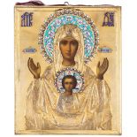 A RUSSIAN ICON OF OUR LADY OF THE SIGN WITH GILT SILVER AND ENAMEL OKLAD, MOSCOW, 1908-1917
