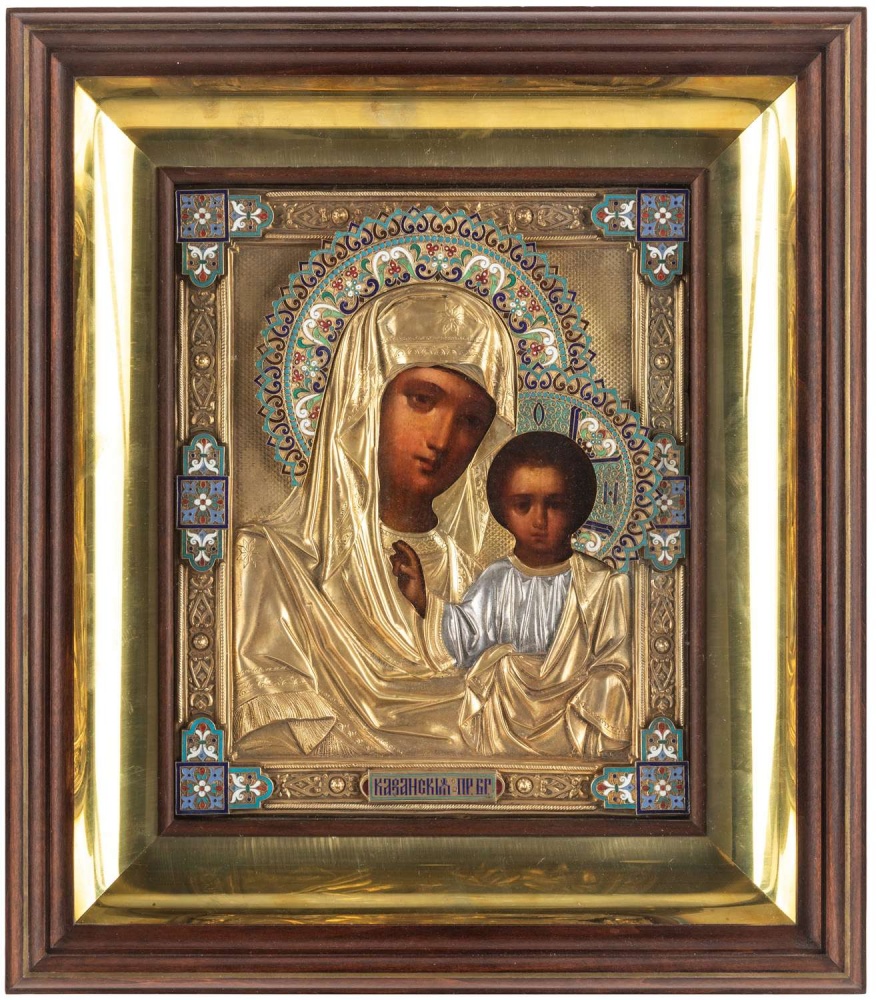 A RUSSIAN ICON OF THE KAZANSKAYA MOTHER OF GOD WITH GILT SILVER, ENAMEL OKLAD, MOSCOW, 1893 - Image 5 of 6