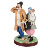 A PORCELAIN GROUP OF A PEASANT WOMAN AND CHILD LEADING HER HUSBAND HOME FROM THE TAVERN, GARDNER