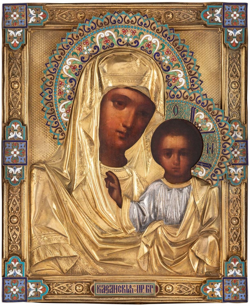 A RUSSIAN ICON OF THE KAZANSKAYA MOTHER OF GOD WITH GILT SILVER, ENAMEL OKLAD, MOSCOW, 1893