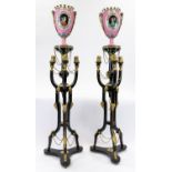 A PAIR OF FRENCH EGYPTIAN REVIVAL BRONZE VASES WITH STANDS, 19TH CENTURY