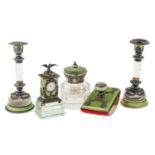 A RUSSIAN-IMPORTED AUSTRIAN SILVER, CRYSTAL AND GUILLOCHE ENAMEL FIVE-PIECE DESK SET, WORKMASTER