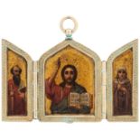 A RUSSIAN SILVER-MOUNTED MINIATURE TRIPTYCH ICON OF CHRIST PANTOCRATOR AND PATRON SAINTS, MOSCOW