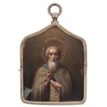 A RUSSIAN SILVER-MOUNTED MINIATURE ICON OF ST. SERGIUS OF RADONEZH, WORKMASTER MIKHAIL