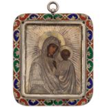 A RUSSIAN MINIATURE ICON OF THE KAZANSKAYA MOTHER OF GOD WITH SILVER AND ENAMEL OKLAD