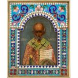 A RUSSIAN TRAVELING ICON OF ST. NICHOLAS THE WONDERWORKER WITH IMPORTED GILT SILVER AND CLOISONNE