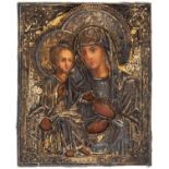 A RUSSIAN ICON OF THE MOTHER OF GOD TROERUCHITSA (THREE-HANDED) WITH GILT SILVER OKLAD, WORKMASTER