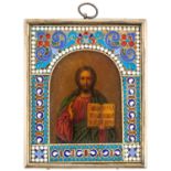 A RUSSIAN TRAVELING ICON OF CHRIST PANTOCRATOR WITH GILT SILVER AND CLOISONNE ENAMEL FRAME, V.