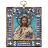 A RUSSIAN TRAVELING ICON OF CHRIST PANTOCRATOR WITH SILVER, SEED PEARL, CLOISONNE AND CHAMPLEVE