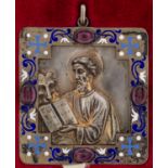 A RUSSIAN GILT SILVER, CHAMPLEVE ENAMEL AND GEMSTONE TRAVELING ICON OF ST. MARK THE APOSTLE