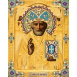 A RUSSIAN ICON OF ST. NICHOLAS THE WONDERWORKER WITH GILT SILVER, CHAMPLEVE AND CLOISONNE ENAMEL