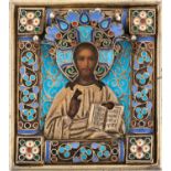 A RUSSIAN MINIATURE ICON OF CHRIST PANTOCRATOR WITH GILT SILVER AND CLOISONNE ENAMEL OKLAD