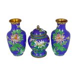 GARNITURE OF THREE CHINESE CLOISONNE ENAMELLED VASES