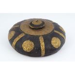 PERSIAN BRASS AND HARDWOOD CIRCULAR BOX AND COVER