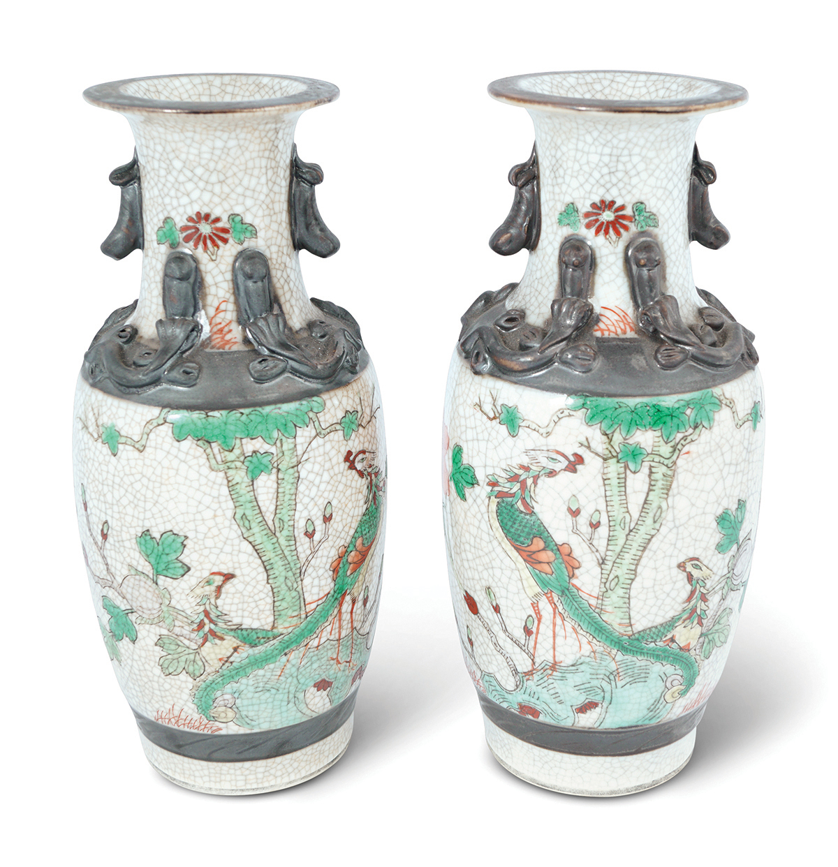 PAIR OF CHINESE DRAGON CRACKLE-GLAZED VASES