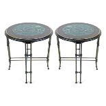 PAIR OF FAUX MARBLE AND BRASS TABLES