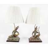 PAIR OF BRONZE THAI DEITY STEMMED TABLE LAMPS